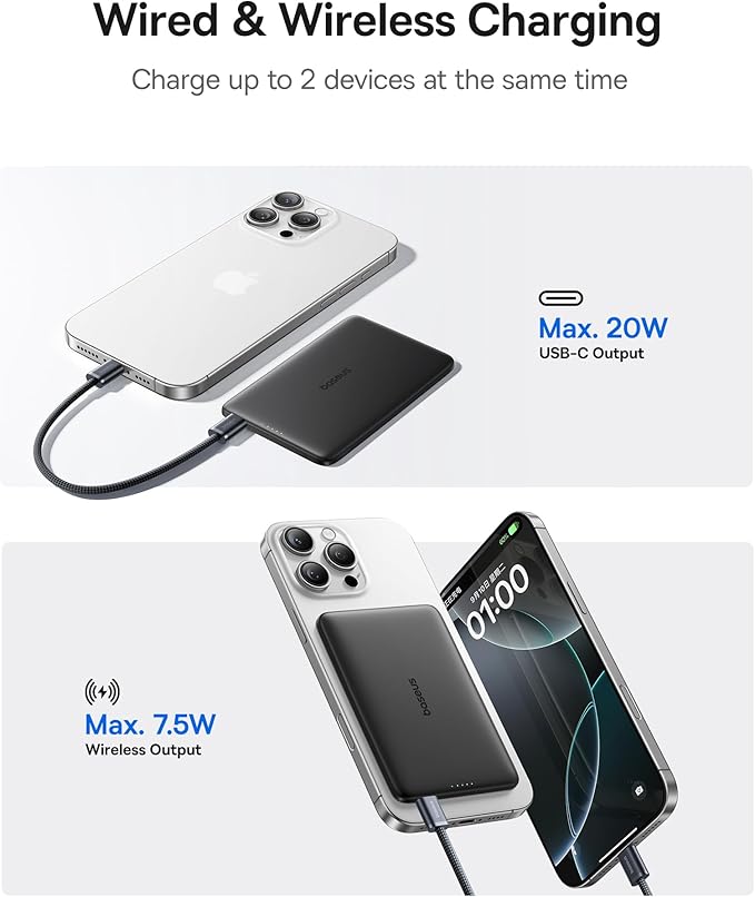 Baseus 0.3" Ultra Slim 5000mAh MagSafe Portable Charger Bundle with 10,000mAh 30W Magnetic Portable Charger Built-in Braided USB-C Cable for iPhone 17 Pro Max/Air/16/15/14/13, AirPods, iPad