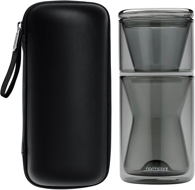 Normcore Pour Over Coffee Maker 2.0 (320ml / 10.8oz) – Double Wall Borosilicate Glass Coffee Dripper, Portable with EVA Case, Fits 185 Wave Filter, Manual Pour Over Coffee Brewer, Smoke Grey