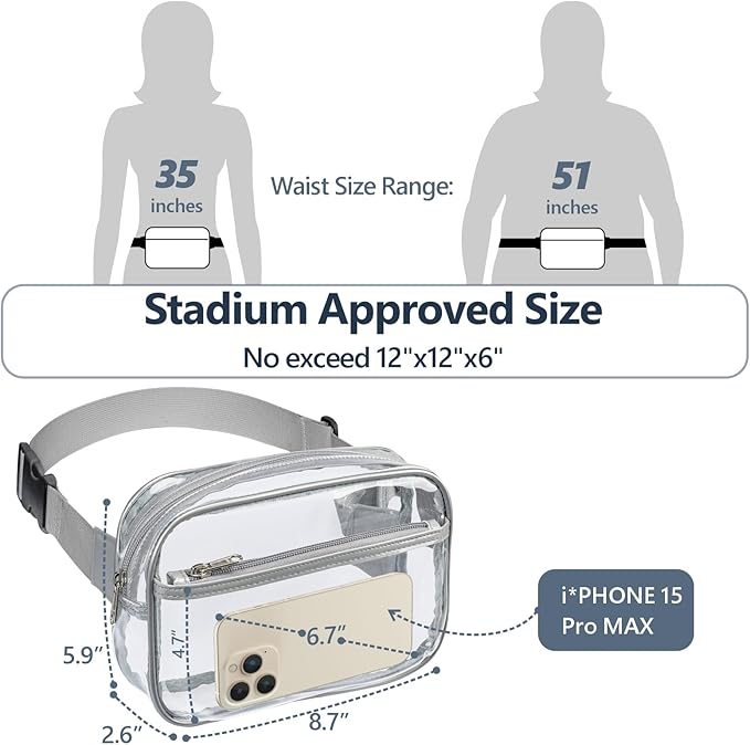 Packism Clear Fanny Pack Stadium Approved - Plus Size 35-51 inches Adjustable Strap Clear Belt Bag for Women Men Transparent Waist Bag for Concerts, Sporting Events, Grey
