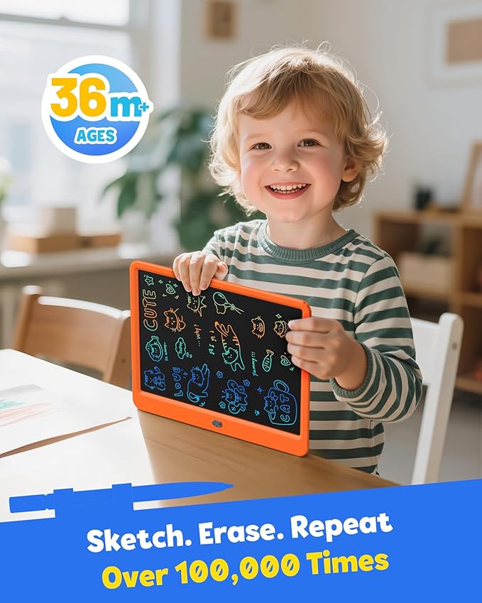 TEKFUN 12 Inch LCD Writing Tablet for Kids, Coloring Drawing Pad, Mess Free Doodle Board, Airplane Travel Toys for Boys and Toddlers, Road Trip Essentials, Gifts for 3-8 Year Old Girls (Orange)