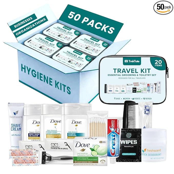 20 Piece Hygiene Kit Bulk, Travel Size Toiletries Set, Care Package Supplies, Mini Deodorant Shampoo Body Wash Toothbrush Toothpaste Razor Kit, TSA Approved, Clear Bag
