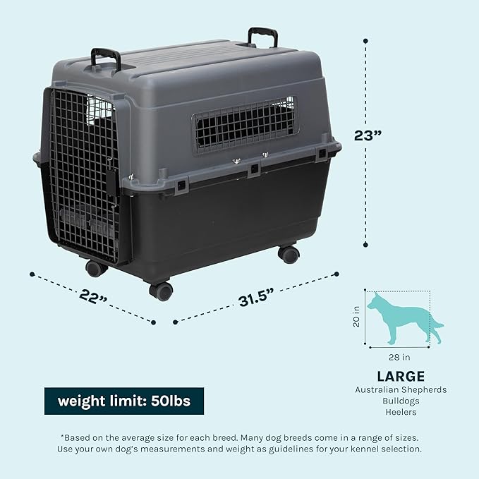 SportPet Airline Compliant LARGE 31.5" Travel Dog Kennel- Durable Plastic Airline Pet Carrier w/ Removable Wheels & Food Bowls, Collapsible Indoor/Outdoor Dog Kennel, Dogs up to 28"L & 20"H-Dark Gray