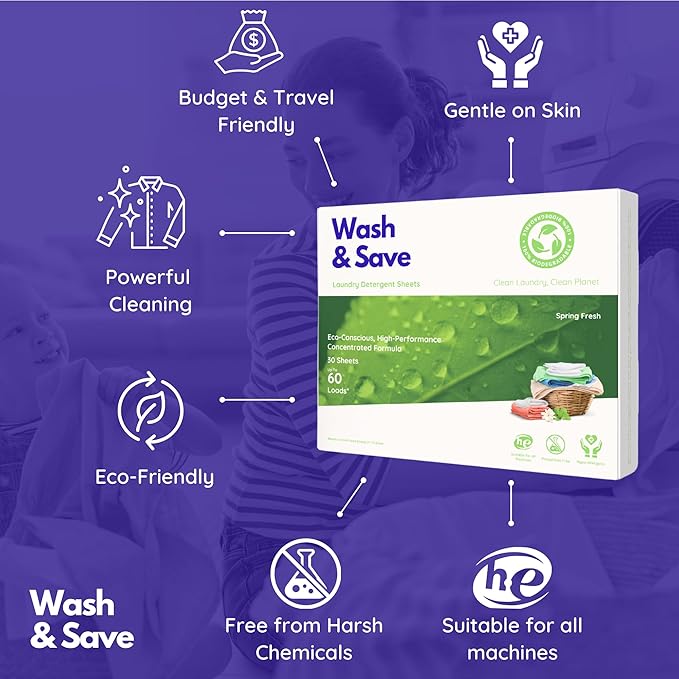 WASH & SAVE Laundry Detergent Sheets - 60 Loads / 30 Sheets | Plant-Based, Eco-Friendly, Hypoallergenic Liquidless Detergent | Perfect for Travel & Dorm - Spring Fresh