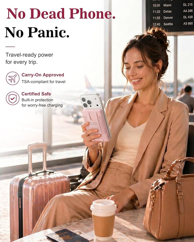 5-in-1 Magnetic Wireless Power Bank, 5000mAh Portable Charger with Mirror, Stand, Bluetooth Remote & Card Holder, MagSafe Compatible Travel Essential for iPhone&Samsung, USB-C Cable Included, Pink