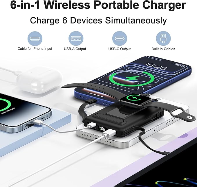Magnetic Portable Charger, 10000mAh Wireless Power Bank for iPhone with Built-in Cables, 20W Fast Charging for Magsafe Battery Pack with Stand for iPhone Air/17/16/15/14/13/12 and Apple Watch