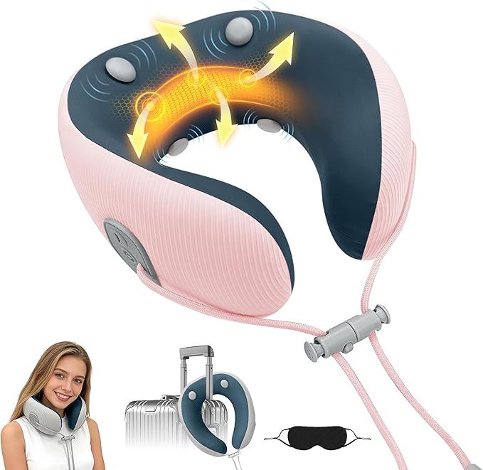 Medicane Pink Neck Travel Pillow with Massage, Neck Massager with Heat & Gentle Vibration Massage with Ergonomic Foam,Perfect for Airplane,Car,Office,Pain Relief,Sleeping,Traveling,Long Flight