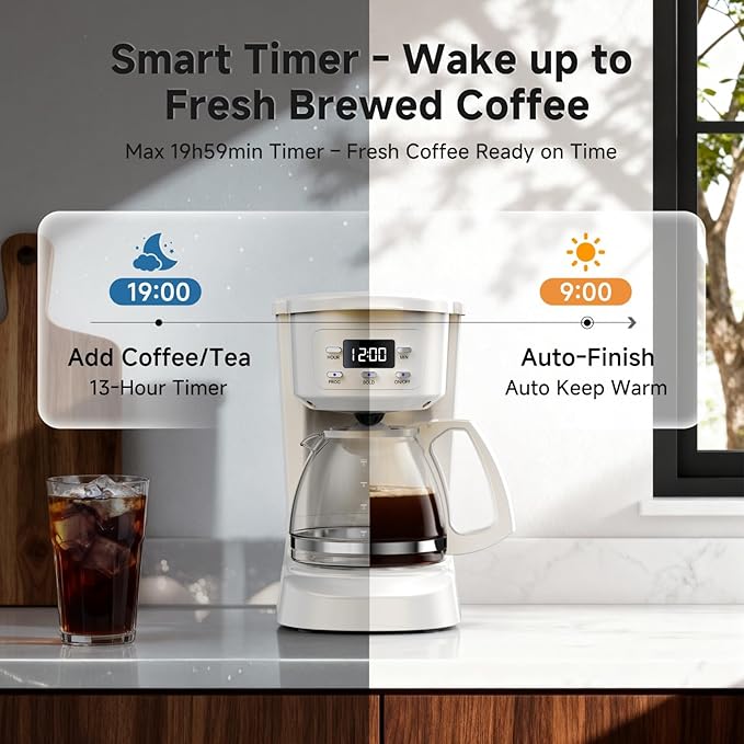Coffee Maker, 5 Cup Drip Coffee Machine with Glass Carafe, 20 Hours Programmable Timer, 2 Hours Keep Warm, Compatible with Ground&Tea – Portable Small Cafetera for Home, Office, Travel&Camping-White