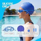 Tallew Swim Goggles Swimming Cap Set with Earplugs, Nose Clip and Case Silicone Swim Hat Waterproof Chlorine Resistant