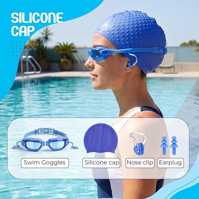 Tallew Swim Goggles Swimming Cap Set with Earplugs, Nose Clip and Case Silicone Swim Hat Waterproof Chlorine Resistant