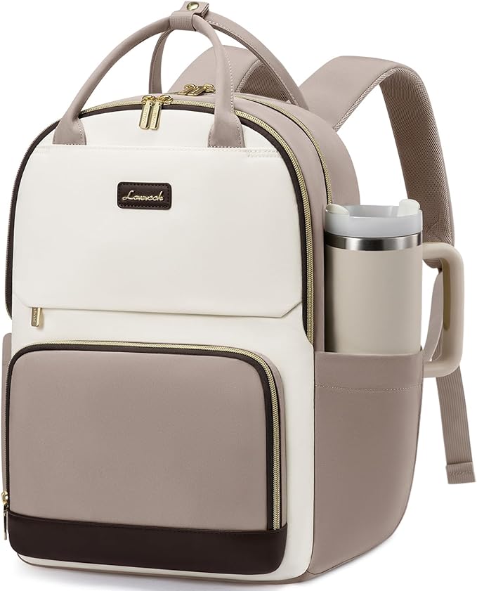 LOVEVOOK Laptop Backpack for Women with Giant Tumbler Holder Pocket, 15.6 inch Travel Work Backpack Purse for Teacher Nurse, Waterproof College Book Bag Cute Casual Daypack, Beige-Nude