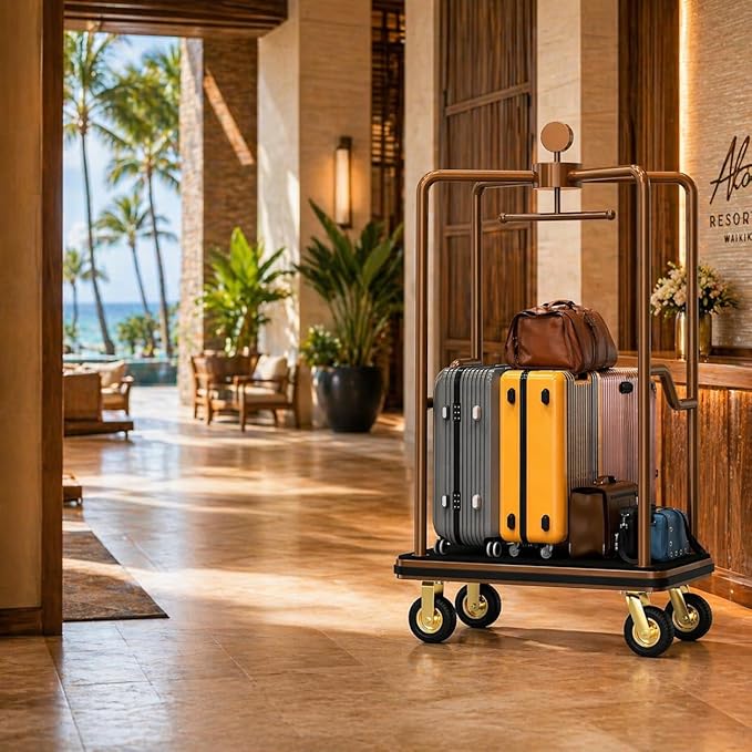 Hotel Luggage Cart, 1600 lbs Capacity Commercial Bellman's Cart with 8" Silent Wheels, Brushed Stainless Steel Frame and Nylon Carpet Deck for Hotels, Condos, Resorts
