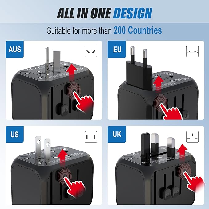 GLAMFIELDS Universal Travel Adapter Worldwide All in One International Wall Charger AC Plug Adaptor with 2 USB-C and 2 USB-A Ports for 200+ Countries 100V-250V (EU UK USA AU Plug) Black