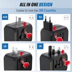GLAMFIELDS Universal Travel Adapter Worldwide All in One International Wall Charger AC Plug Adaptor with 2 USB-C and 2 USB-A Ports for 200+ Countries 100V-250V (EU UK USA AU Plug) Black