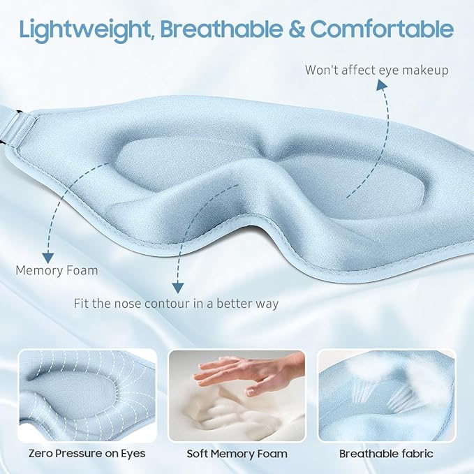 BeHoomi Sleep Mask, Premium Eye Mask for Sleeping, Total Blackout, Superior Soft Comfort, Upgraded 3D Ergonomic Designed Sleeping Mask for Home, Office, Travel, Meditation, Sky Blue