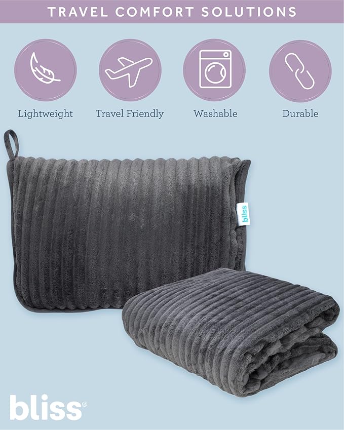 Bliss Faille Travel Pillow Blanket - 2-in-1 Lightweight Compact Airplane Camp Pillow and Blanket Set for Travelling, Size One Size, Dark Grey