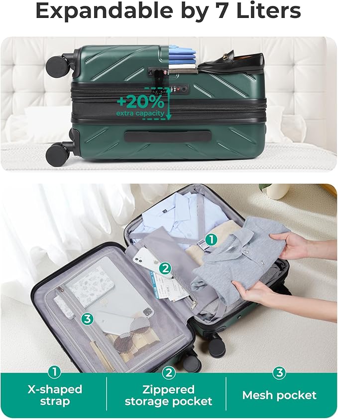 BAGSMART Carry on Luggage 22x14x9 Airline Approved with TSA Lock, 100% Polycarbonate Hardside Suitcase with Spinner Wheels, Olive-Green