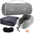 urnexttour Travel Pillow and Blanket Set Neck Pillows Soft Blankets with Sleep Mask Travel Essentials for Airplane Car Memory Foam Grey