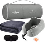 urnexttour Travel Pillow and Blanket Set Neck Pillows Soft Blankets with Sleep Mask Travel Essentials for Airplane Car Memory Foam Grey