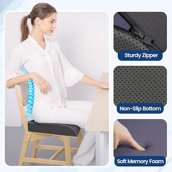 SweetSlubr Seat Cushion for Tailbone Pain Relief, Office Chair Cushion, Memory Foam Large Chair Cushion with Non-Slip Cover for Soft Support at Office Chair, Car Seat, Airplane Grey/XLarge