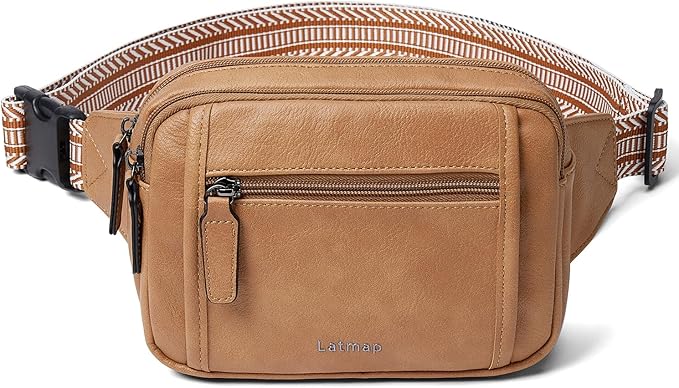 LATMAP 3L TRIPLE ZIP Fanny Packs Belt Bag For Women Men Crossbody Waist Pack Sling Chest Bum Travel Bag Purse Faux Leather Fashion Cute Tan