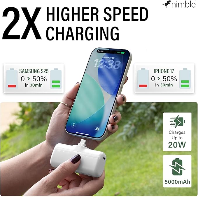 Nimble Bump 5K 20W Fast Charging Portable Charger with Foldable Built-in USBC Connector, Mini Travel Power Bank Battery Pack Compatible with iPhone, Samsung Galaxy, iPad, & USB-C Devices - White