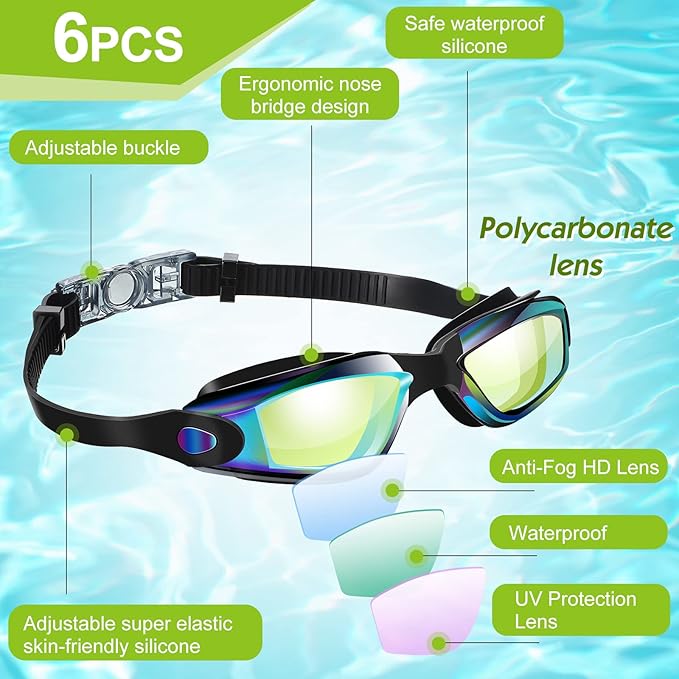 Flutesan 6 Pack Swim Goggles for Adult Anti Fog Swimming Glasses with Ear Plugs Nose Clip No Leaking Full Protection Goggles