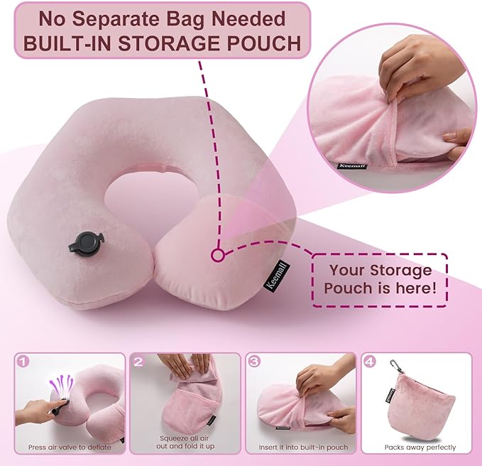 Keemall Inflatable Neck Pillow, Premium Pink U-Shaped Travel Pillow with Soft Washable Cover, Compact Portable Airplane Travel Essentials for Flight, Car and Office, Ideal Travel Gift for Women