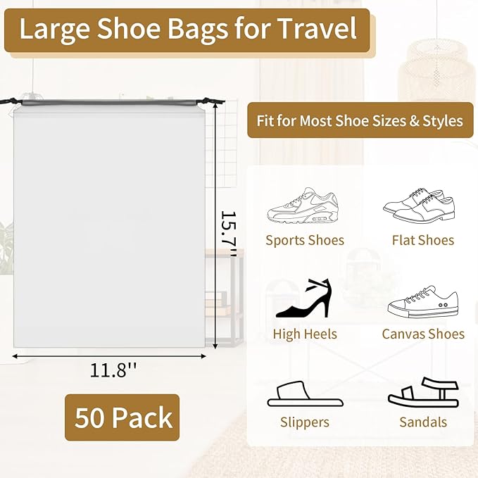 50 Pack Shoe Bags for Travel, 15.7" x 11.8" Translucent Travel Shoe Bags for Packing, Large Waterproof Portable Drawstring Travel Shoe Storage Bag Travel Essentials Women for and Men