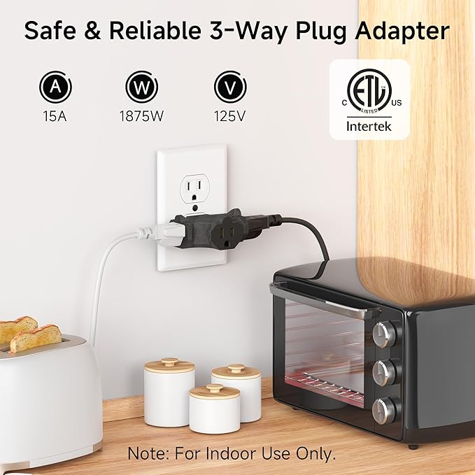[ETL Listed] Cable Matters 3-Pack 3 Way Plug Adapter 15A 1875W, 3 Prong 3 Outlet Adapter, Power Splitter Plug Outlet, 3 Way Electrical Splitter, Black