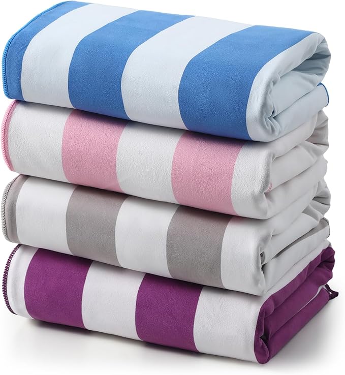 REDKISS 4 Pack Beach Towels 31x61 Inch, Ultra Lightweight Microfiber Pool Towels, Sand Free, Quick Dry & Highly Absorbent Cabana Striped Bath Towels for Beach, Swimming, Camping & Travel (Multicolor)