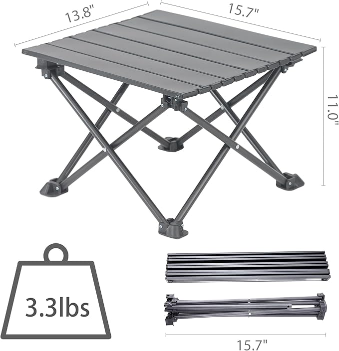 Wind Tour Roll-Up Camping Table, 4-Person Lightweight Portable Outdoor Table with Carry Bag for Picnics BBQ Travel (15.7”x13.7”x11” Black)