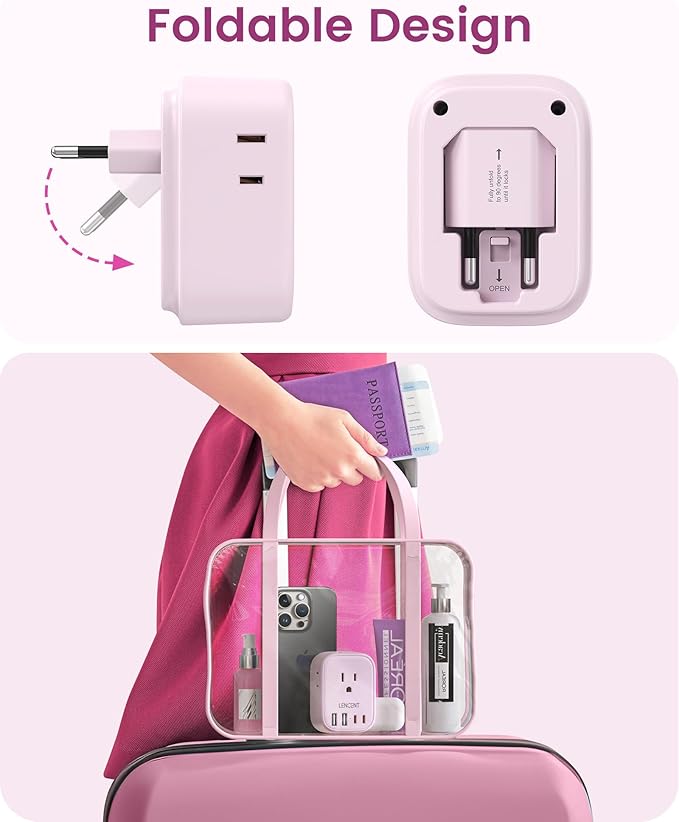 European Travel Plug Adapter, LENCENT US to Europe Type-C Foldable Power Plug with 4 Outlets 4 USB Ports (2 USB C), Power Adaptor for USA to EU Euro Iceland Spain Italy France Germany Greece, Pink