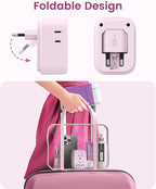 European Travel Plug Adapter, LENCENT US to Europe Type-C Foldable Power Plug with 4 Outlets 4 USB Ports (2 USB C), Power Adaptor for USA to EU Euro Iceland Spain Italy France Germany Greece, Pink