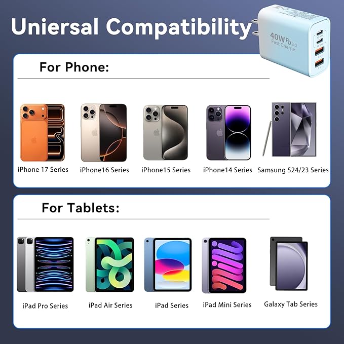 USB C Wall Fast Charger Block, 40W 4-Port Type C Chargers Fast Charging Blocks PD Power Charger Adapter+QC 3.0 USB Multiport Charger Brick for Phone 17/16/15/14/13/12 Pro Max, i-Pad, Galaxy S25-2Pack