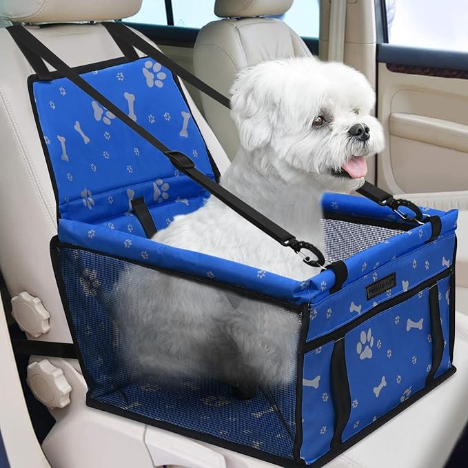 Dog Car Seat Foldable Dog Car Booster Seat Waterproof Breathable Oxford Travel Bag for Small to Medium Dogs, Puppies, and Pets-Pattern Blue