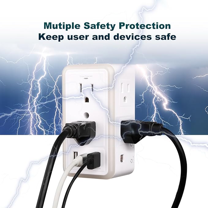 Outlet Extender with Night Light, Surge Protector Wall Mount with 6 AC Outlets and 3 USB Ports (1 USB C), Multi Plug Outlet Splitter, Dorm Room Essentials for Home, Office, Travel, FCC Listed