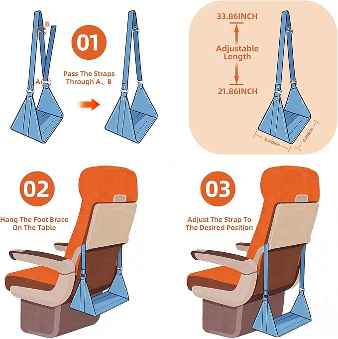 Airplane Foot Hammock, No Collapse Foot Rest for Plane Travel with Extended Adjustment Strap, Portable Desk Foot Hammock with,Cotton Denim, Foot Sling Travel Essentials to Relax Your Feet(Light Blue)