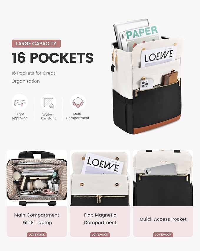 LOVEVOOK 18 Inch Laptop Backpack for Women, Large Capacity Travel Backpack with Organizer Bag, Waterproof Carry on Backpack Purse Work Bag with USB Port for College Teacher Nurse, 2PCS
