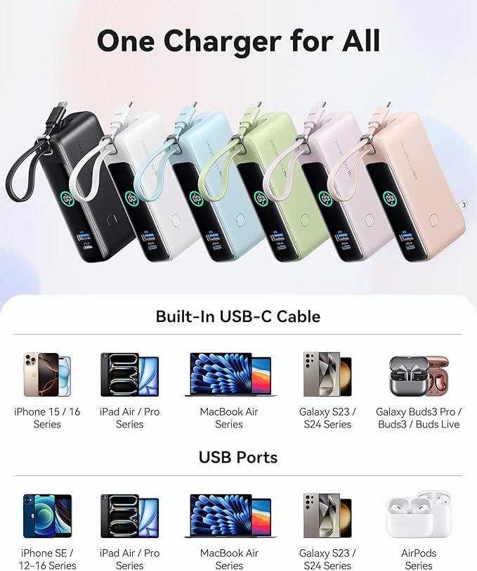 INIU 3-in-1 Portable Charger, Small 10000mah 30W Fast Charging Power Bank with Built-in USB C Cable and Foldable AC Plug, Flight Family Travel Essentials for College Students Teen Boys Girls, Green