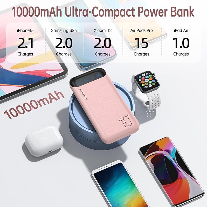 YOBON Power Bank 10000mAh Portable Charger Slim Battery Pack with 2 USB 2.4A Outputs and USB C in/Out Compatible with Huawei iPhone 16 15 14 13 12 iPad Samsung Galaxy S20 Android Tablet (Light Pink)