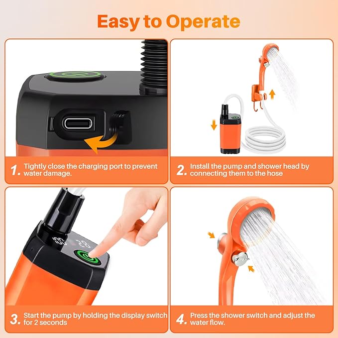Portable Camping Shower with Heater, 6000mAh Rechargeable Portable Shower with 2000W Immersion Heater, LED Display, Heated Camping Shower for Travel, Hiking, Car, Pet