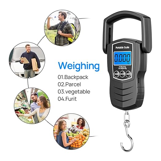 75Kg/165Lb Digital Luggage Scale for Travel, Fishing Weight Scale Unit with 1.5M Measuring Tape, Suitcase Weight Unit Can Switch Kg/Lb/Jin/Oz 4 Units, with Hook, Battery Included