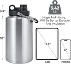 Insulated Gallon Jug with Handle, One Gallon, 128oz Stainless Steel, Large Double Vacuum Water Bottle for Cold Drinks, Wide Mouth, Sweat Proof, Carrier bag, Great for Travel, Camping, Stainless