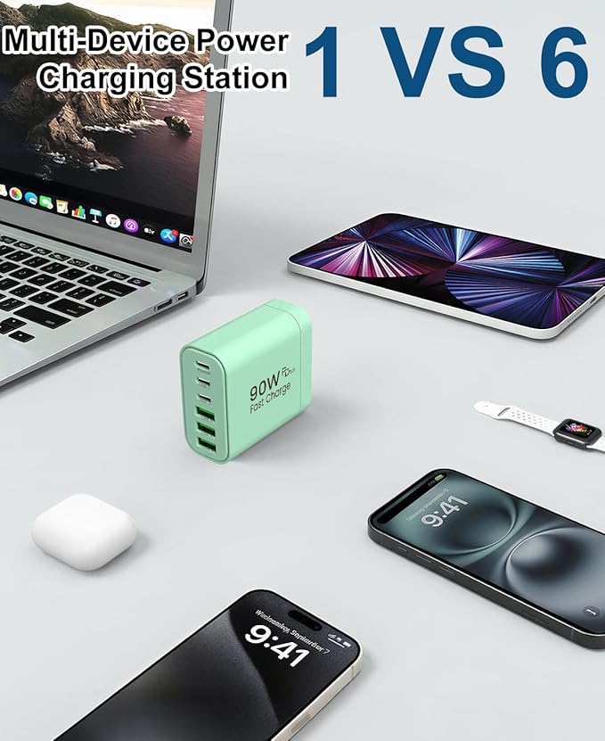 90W GaN USB C Charger Block [2 Pack],6-Port USB C Wall Charger Fast Charging 45W PD Power Adapter for MacBook Air/iPad Pro/iPhone 17Pro Max/Samsung Galaxy S24 Ultra/Tabs for Home Travel
