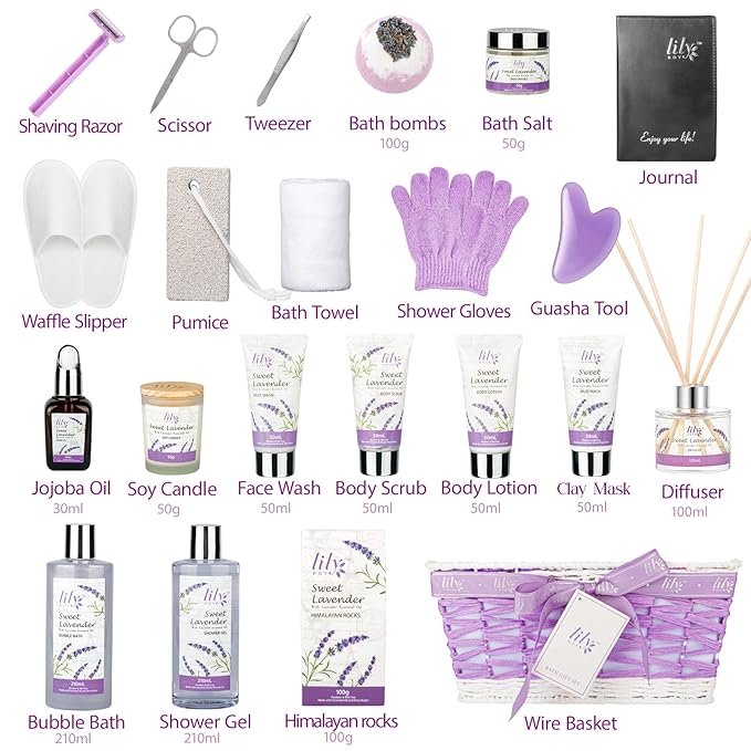 Gifts for Women, Spa Gift Basket for Women, Mother's Day Gift Basket for Mom - 22 Piece Lavender Bath and Body Skin Care Set for Women, Spa Kit | Birthday Gifts, Valentines Day Gift, Christmas Gift