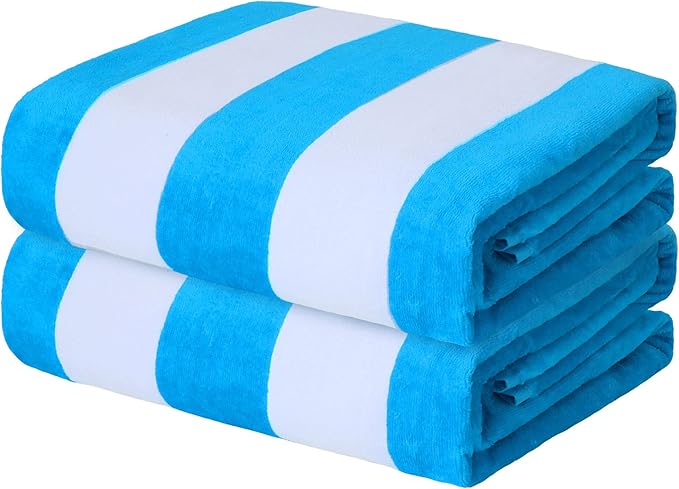 Exclusivo Mezcla 2 Pack Cotton Large 30x60 Inches Cabana Stripe Beach Towels, Super Absorbent Soft Plush Pool Bath Towel (Blue)