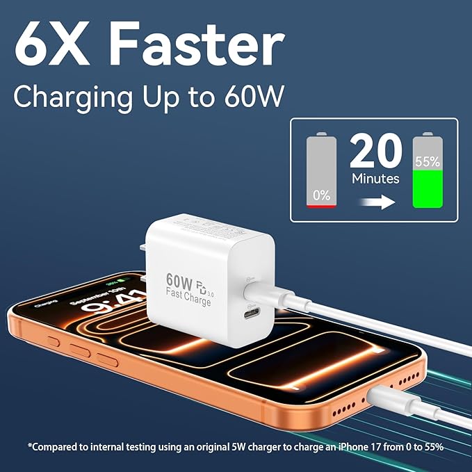 60W USB C Fast Charger for iPhone 17 16 15 Pro Max, 60W Dual Port Type C Charger Block with 10FT Long C Charger Fast Charging Cable Cord for iPhone 17/17 Pro Max/17/Air/16/15/Pro Max, iPad