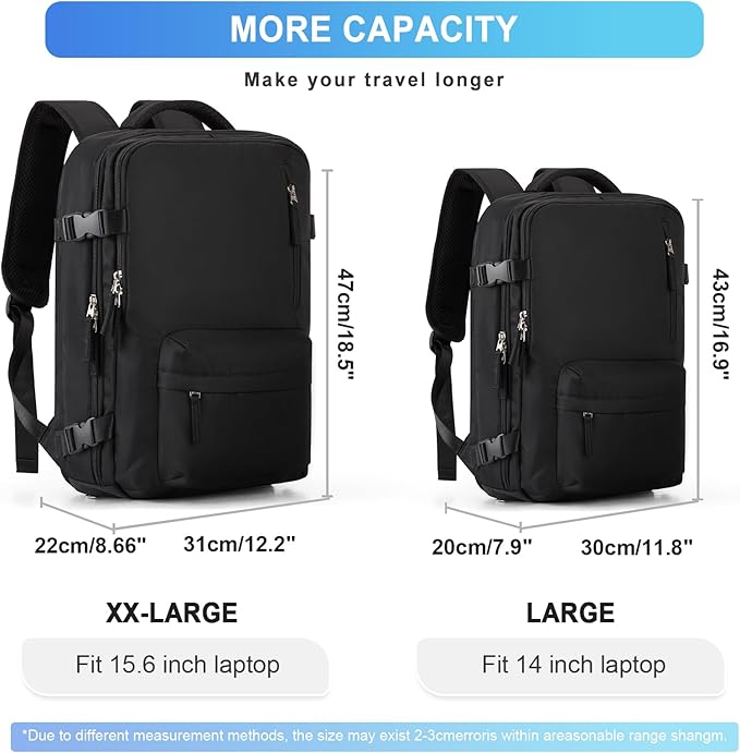 Large Travel Backpack Women Carry On Hiking Backpack Waterproof Outdoor Sports Casual Daypack Personal item Travel Bag Airplane Essentials Spirit Airline Flight Approved Shoes Compartment Men,Black