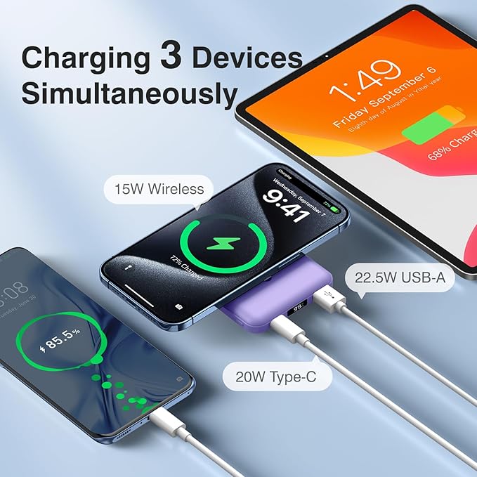 AOGUERBE for MagSafe Portable Charger, 10000mAh Magnetic Power Bank 22.5W Fast Charging, Mini Battery Pack Wireless with LED Display&Foldable Stand for iPhone 17/16/15/14/13/12 Series (Light Purple)