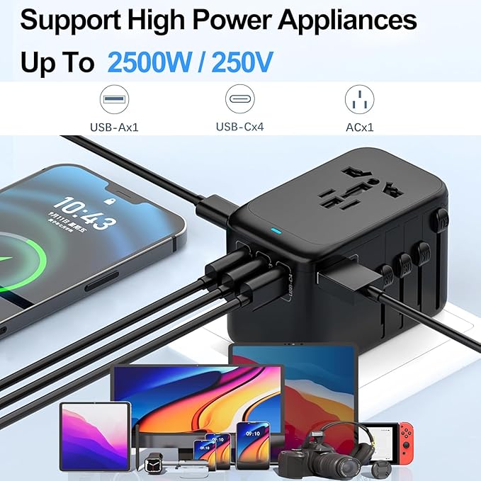 JMFONE Universal Travel Adapter with GaN 100W,International Power Plug Adapter 5 Port [4*USB C+1*USB A] and Multi 2500W AC Sockets, All-in-one Travel Outlet Plugs for 200+ Countries